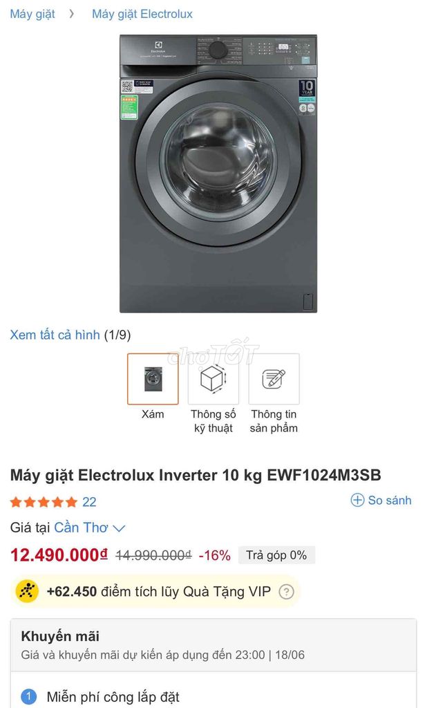 ELECTROLUX 10Kg MÀU ĐEN:MÁY TRƯNG BÀY 98% BH 2 NĂM