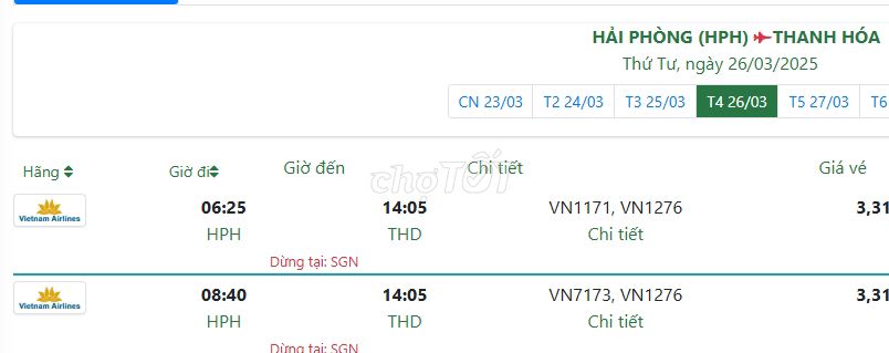HẢI PHÒNG (HPH) THANH HÓA Thứ Tư, ngày 26/03/2025
