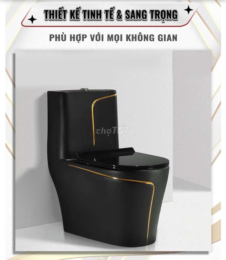 Bồn Cầu 1 Khối Đen Viền Vàng Cao Cấp