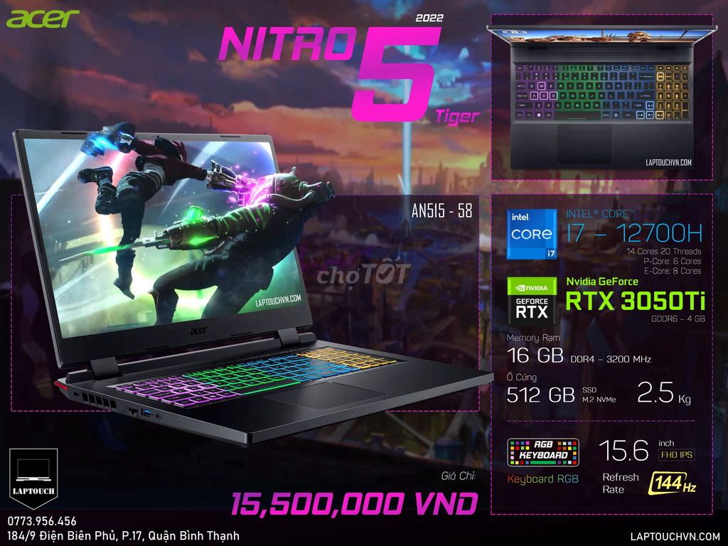 Acer Nitro 5 Tiger 2022 AN515-58 [I7 / RTX 3050Ti]. Mua bán Laptop tại Quận Bình Thạnh Tp Hồ Chí Minh được đăng bởi Cửa Hàng Máy Tính Laptouch VN hình 1
