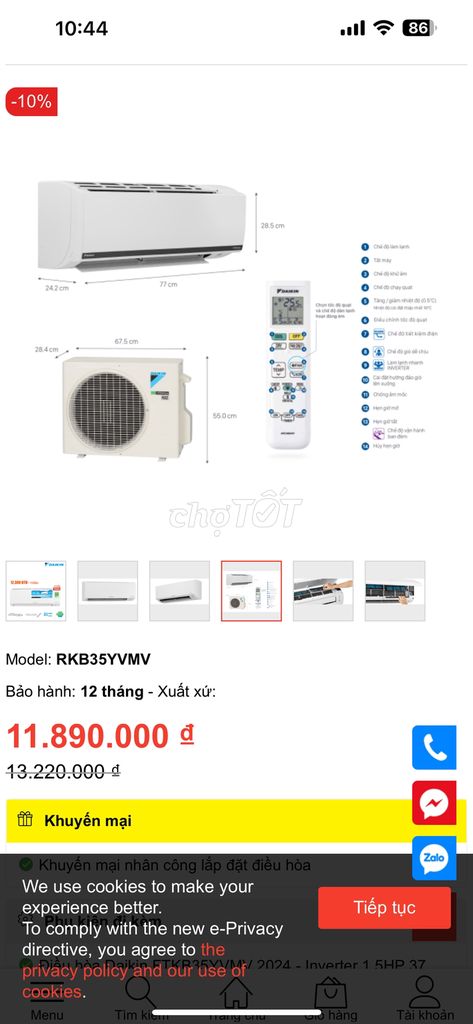 thanh lý máy lạnh daikin 1,5hp inverter