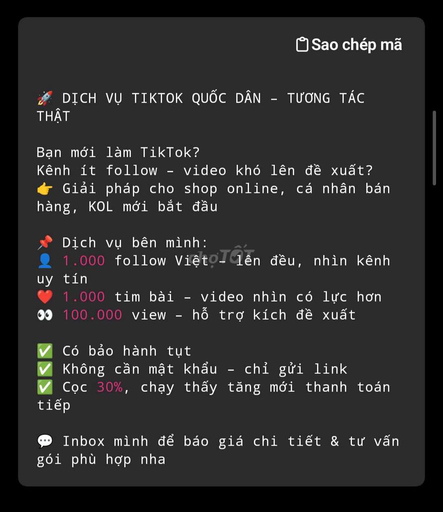 Tăng tương tác TikTok 1000 Follow. Dịch vụ tại Quận 1 Tp Hồ Chí Minh được đăng bởi Nguyễn Huy Hoàng hình 1