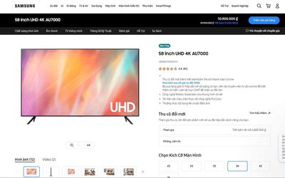 Smart TV 4k 58inch chưa unbox, Samsung UA58AU7000