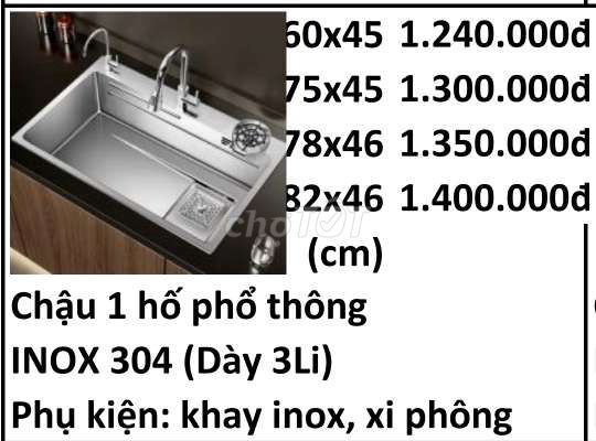 CHẬU RỬA BÁT 1 HỐ INOX 304 ĐẦY ĐỦ KÍCH THƯỚC