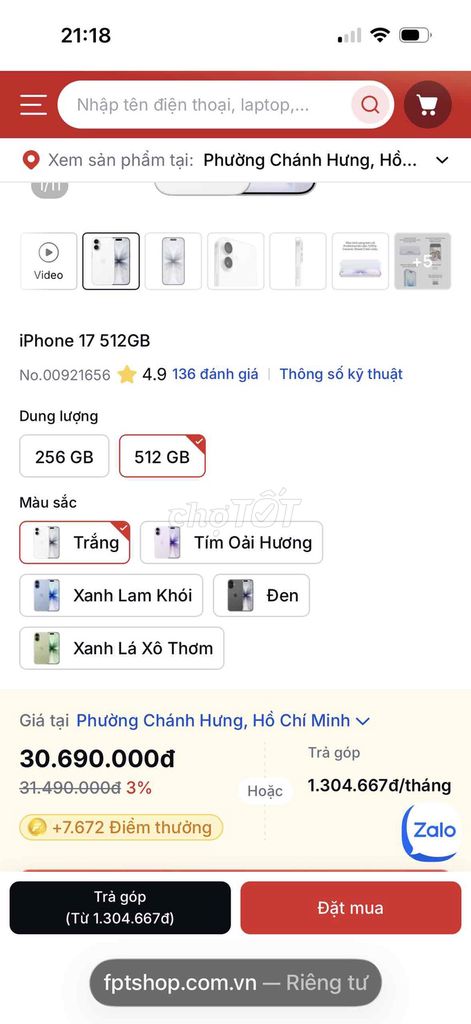 iPhone 17 512GB Trắng Mới 100% nguyên tem. Mua bán Điện thoại tại Quận 8 Tp Hồ Chí Minh được đăng bởi Saigon Janny hình 1