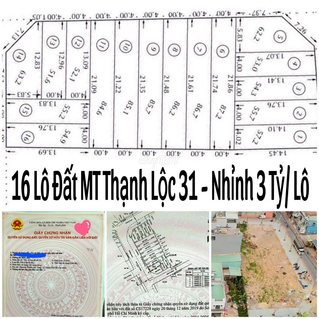 CHÍNH CHỦ BÁN ĐẤT MẶT TIỀN THẠNH LỘC 31