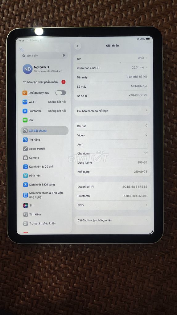 Cần bán Ipad Gen10 256gb đọc mô tả và hình ảnh. Mua bán Máy tính bảng tại Huyện Mỹ Đức Hà Nội được đăng bởi D N G U Y E N hình 1