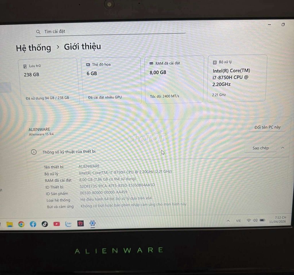 Dell Alienware i7-8750H 8GB/238GB Đen. Mua bán Laptop tại Quận 10 Tp Hồ Chí Minh được đăng bởi  THU MUA LAPTOP Duc Tuan hình 1