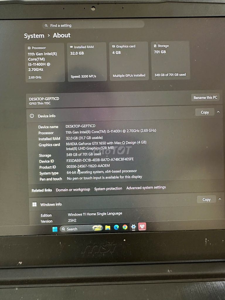 MSI GF63 Thin i5-11400H/32GB/512GB GTX1650. Mua bán Laptop tại Quận 7 Tp Hồ Chí Minh được đăng bởi Huu Quoc hình 1