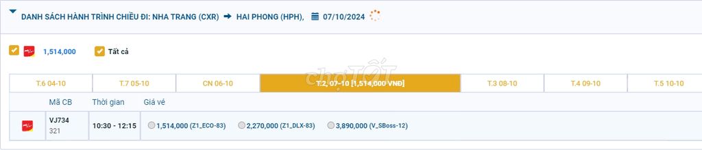 Cam Ranh (CXR) - Cát Bi (HPH) 07/10/2024