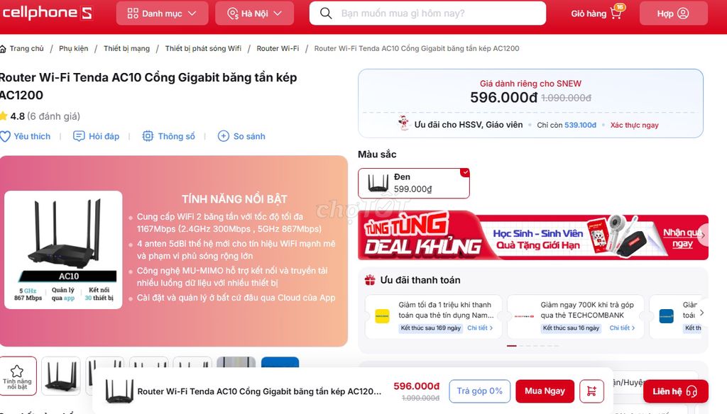 Router Wi-Fi Tenda AC10 Cổng Gigabit  AC1200 cũ. Mua bán Phụ kiện (Màn hình, Chuột...) tại Quận Hà Đông Hà Nội được đăng bởi Tên chưa cung cấp hình 1