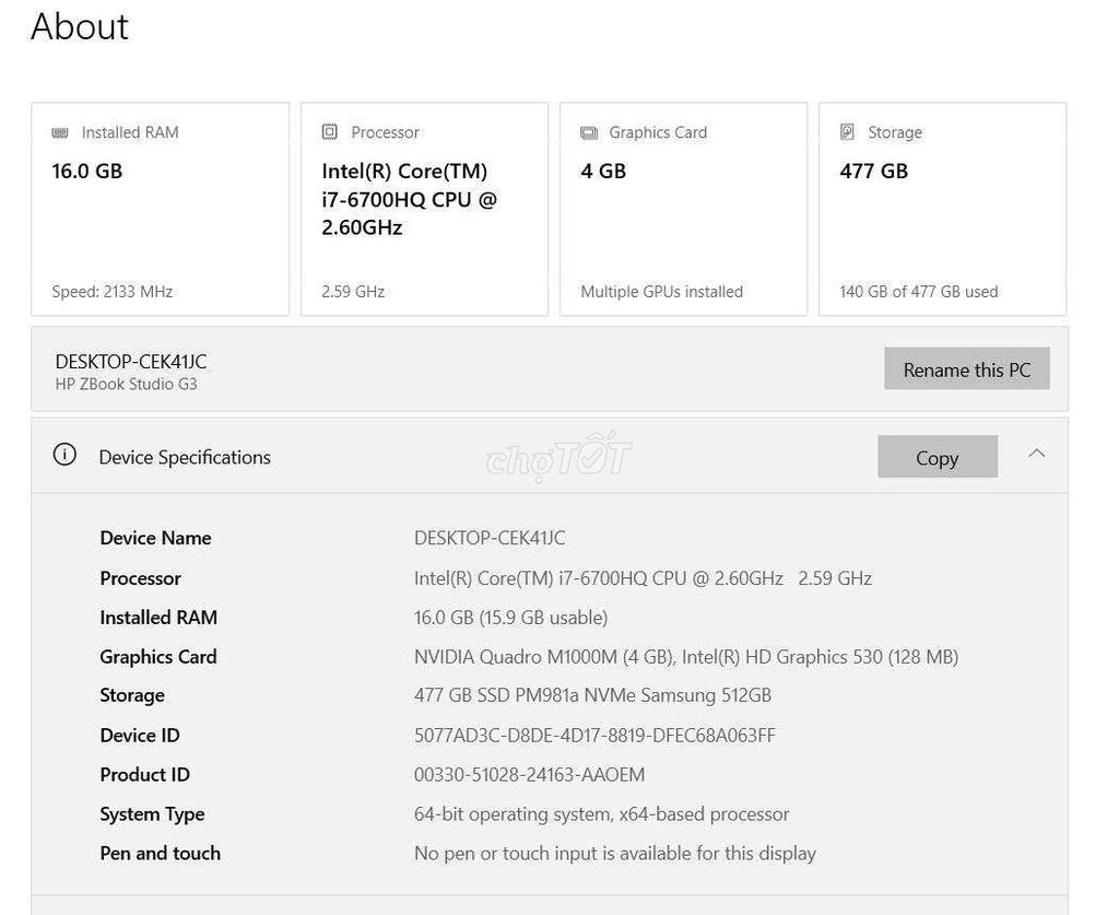 HP ZBook Studio G3 i7-6700HQ 16GB/477GB. Mua bán Laptop tại Thành phố Long Xuyên An Giang được đăng bởi Hiếu Trọng hình 1