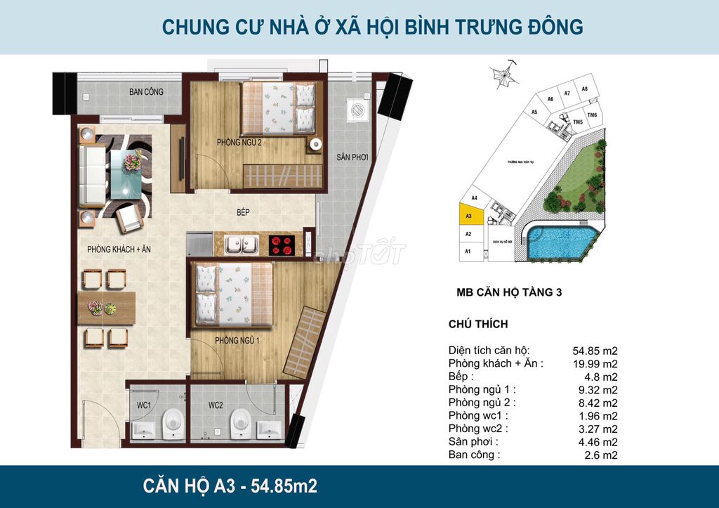 Căn hộ HQC Bình Trưng Đông, 54m2, 2pn, 2wc, giá 1.8 ty