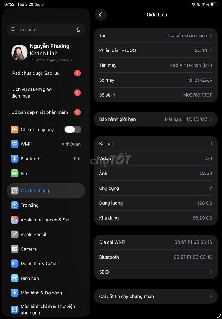 Apple iPad Air 11-inch (M4) 128GB Xanh Dương . Mua bán Máy tính bảng tại Quận Tây Hồ Hà Nội được đăng bởi Linh hình 1