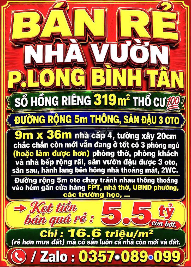 BÁN RẺ NHÀ VƯỜN LONG BÌNH TÂN SỔ HỒNG 319m2 THỔ CƯ 💯 ĐƯỜNG 5m SÂN OTO