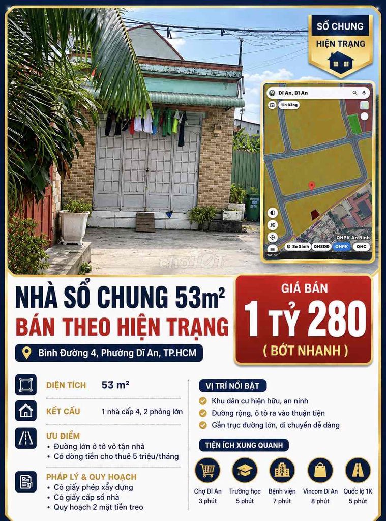NHÀ SỔ CHUNG 53M² – BÌNH ĐƯỜNG 4, DĨ AN