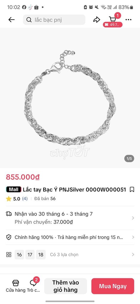 Dây chuyền , lắc tay xoắn bạc xi kim PNJ