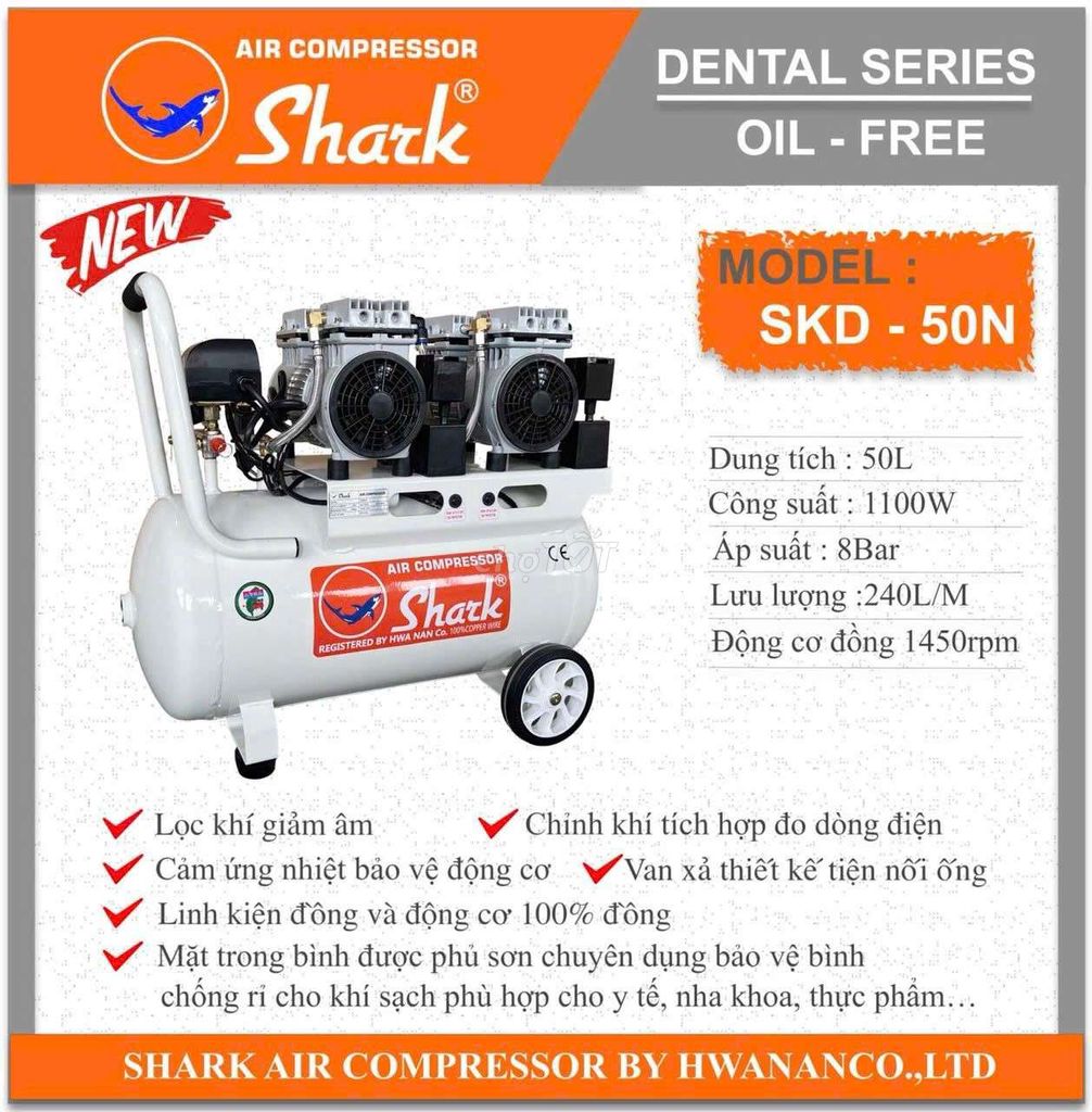 Máy nén khí không dầu shark trắng 50lit