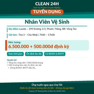 TUYỂN NV Vệ Sinh Lavida, Phước Thắng BR-VT