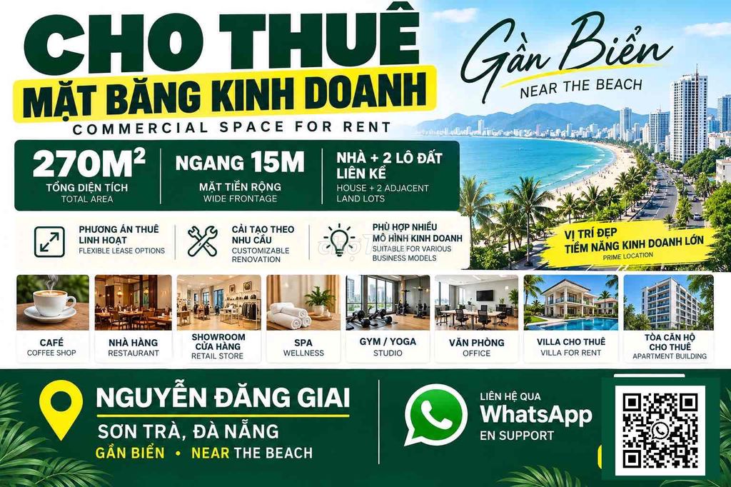 CHO THUÊ MẶT BẰNG NGUYỄN ĐĂNG GIAI, SƠN TRÀ, ĐÀ NẴNG – 270M², NGANG 15