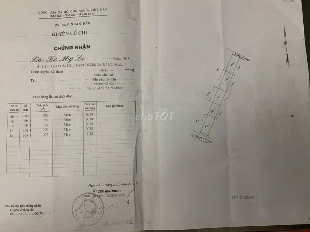 [Bán gấp] đất chính chủ, THỔ CƯ 100% Thị Trấn Củ Chi, HCM, 982m2. Mua bán đất tại Huyện Củ Chi Tp Hồ Chí Minh được đăng bởi Đào Huệ Linh hình 1