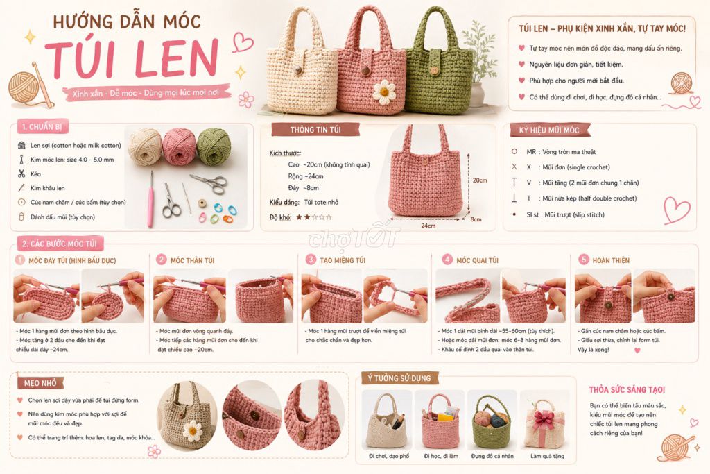 Túi tote Nữ Len Milk Cotton Hồng Kem. Mua bán Túi xách tại Quận 12 Tp Hồ Chí Minh được đăng bởi Thế Giới Len hình 1