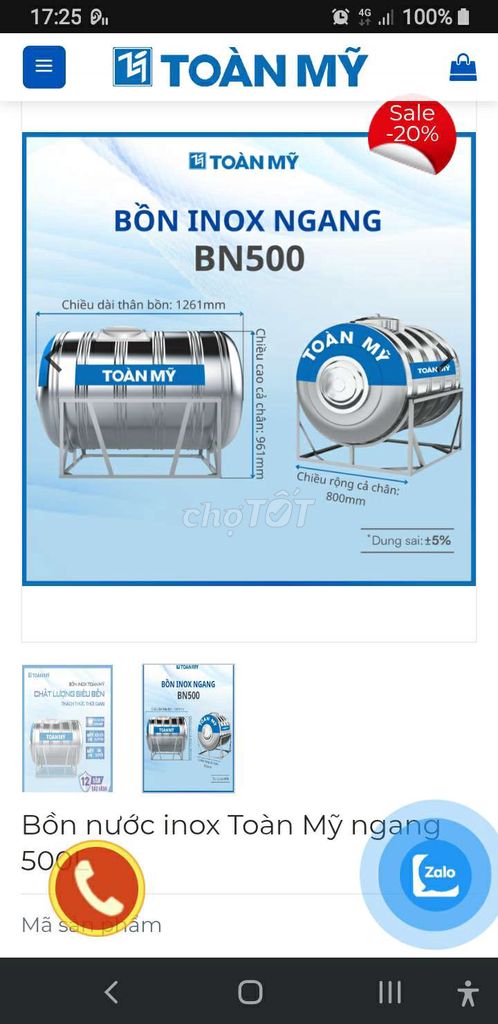Bồn nước ngang  BN500 Inox 304 500L. Mua bán Thiết bị vệ sinh, nhà tắm tại Quận 6 Tp Hồ Chí Minh được đăng bởi Xuanvjnh Nguyen hình 1