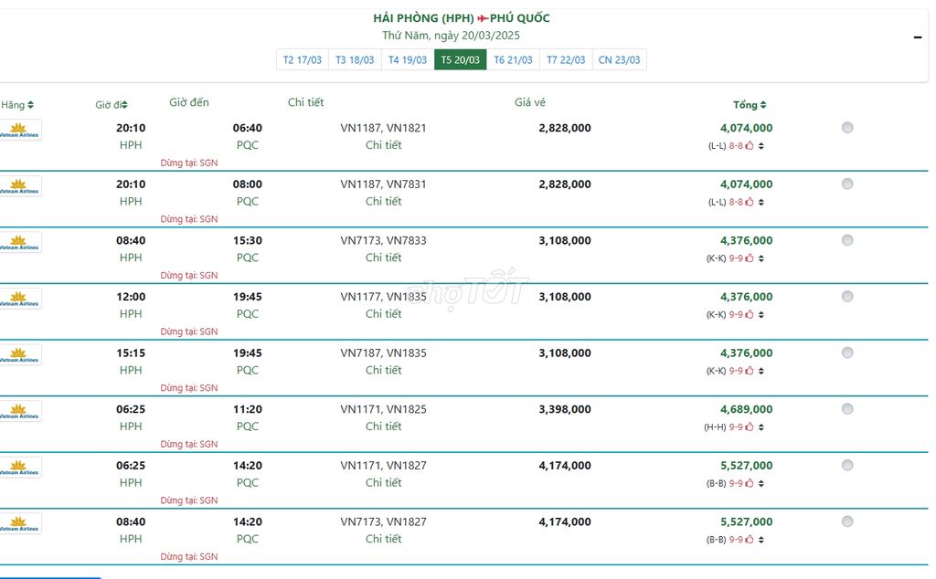 HẢI PHÒNG (HPH) PHÚ QUỐC Thứ Năm, ngày 20/03/2025