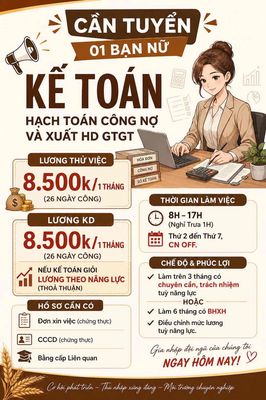 Cần tuyển 01 bạn Nữ Kế Toán