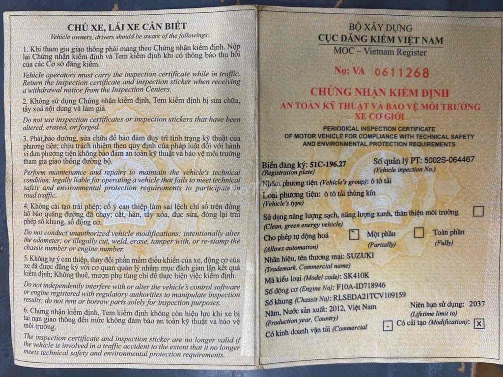 Suzuki 2012 tải 500kg dài 2 m. Mua bán Xe tải, xe ben tại Thành phố Thủ Đức Tp Hồ Chí Minh được đăng bởi Hồng  hình 4