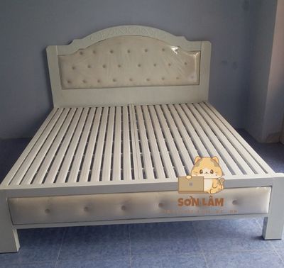 giường sắt simili nệm kem  giường sắt 5x10 trụ dày