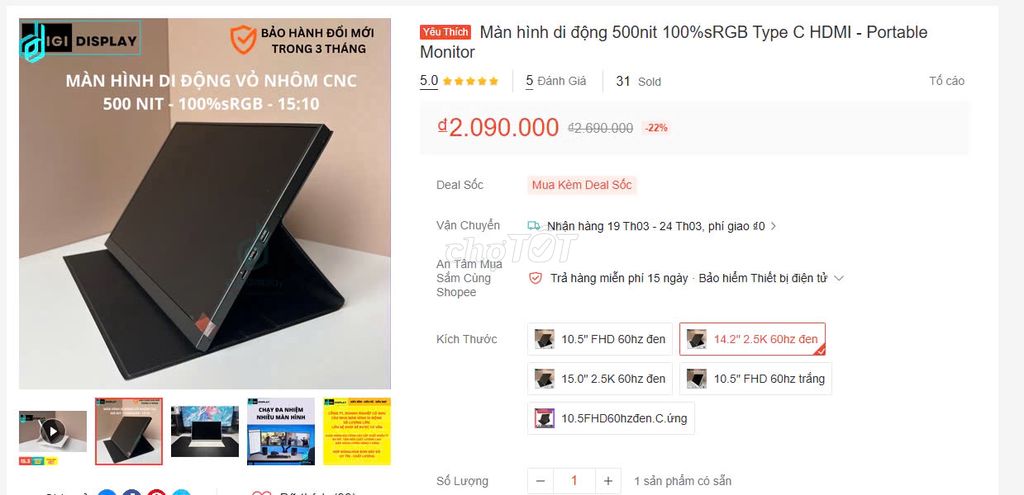 Màn hình di động Portable 2K-60Hz cổng hdmi/type c