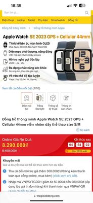 Apple Watch SE 2023 GPS size 44 có esim