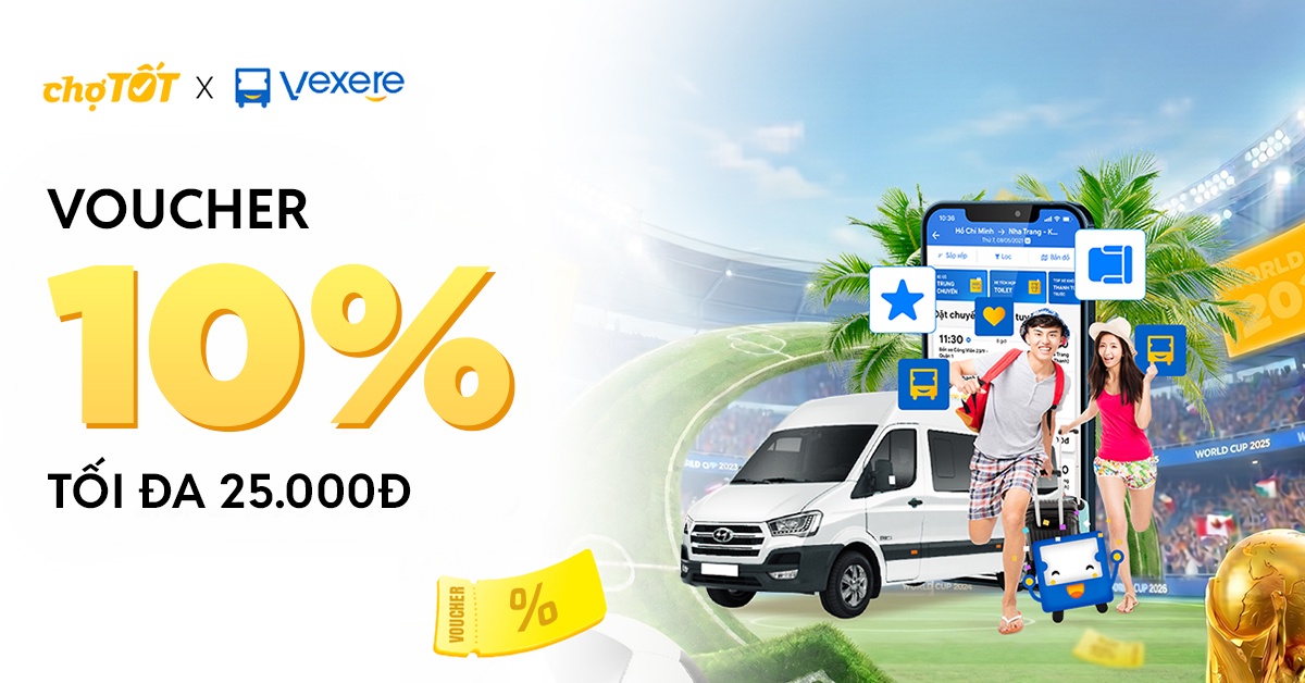 Giảm 10% tối đa 25,000đ dành cho tất cả khách hàng của Vexere đổi voucher trên Chợ Tốt