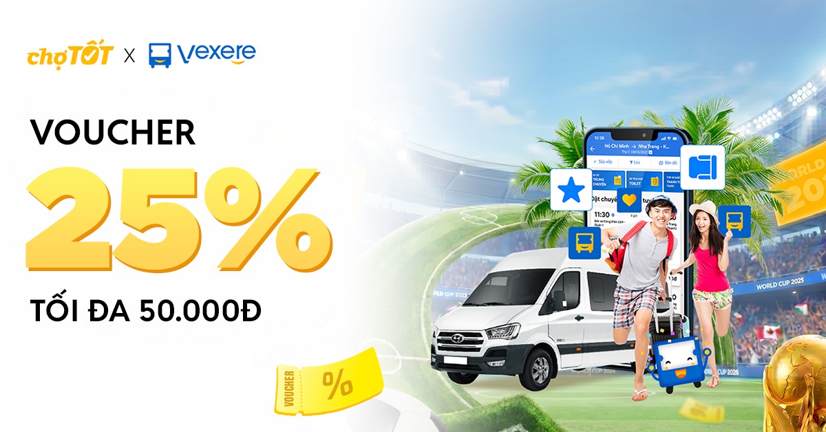 Giảm 25% tối đa 50,000đ dành cho khách hàng mới của Vexere đổi voucher trên Chợ Tốt