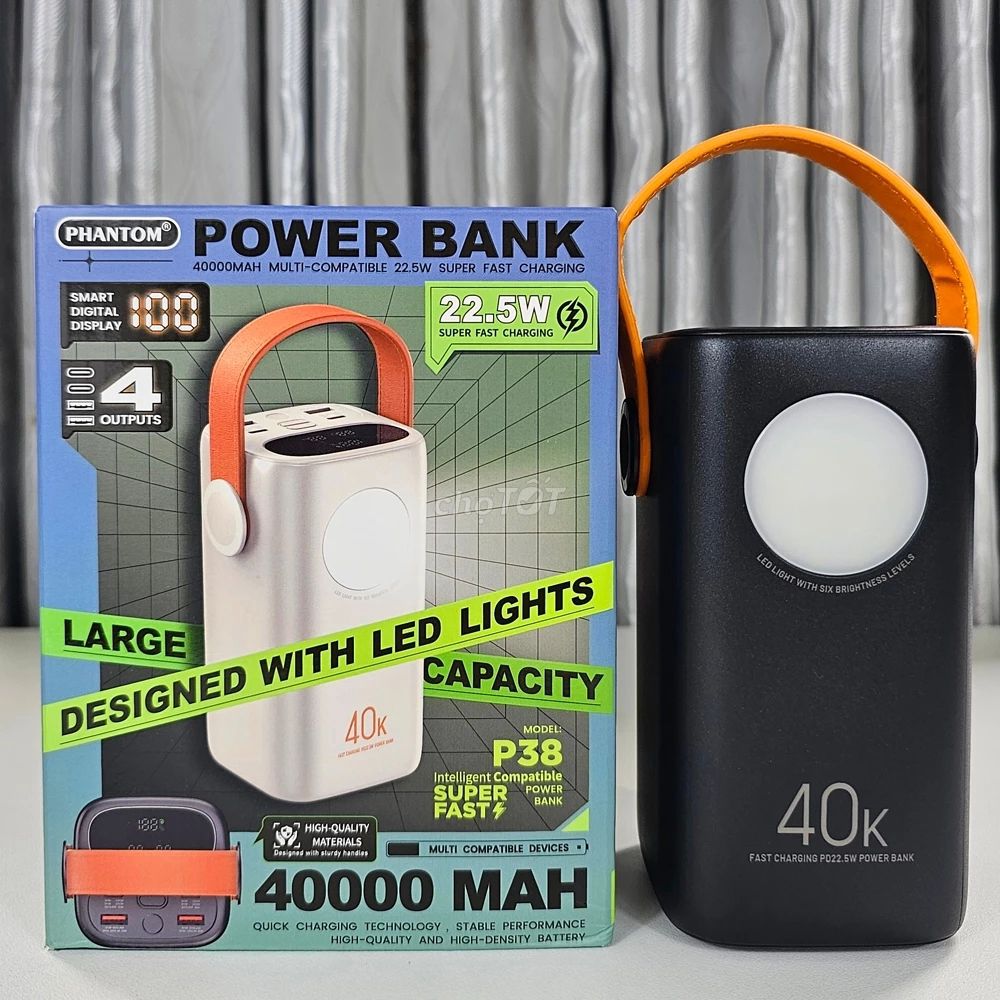 Pin sạc nhanh Phantom P38 40.000mAh 22.5W, Đèn Led