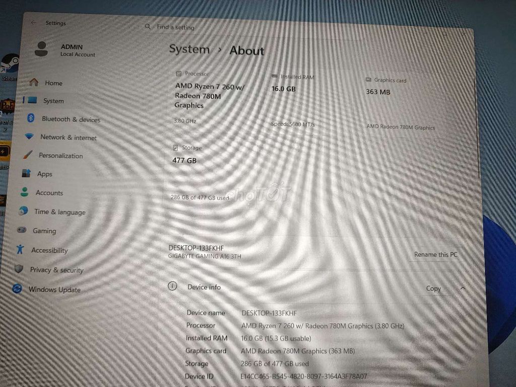 Gigabyte A16 GA63H AMD Ryzen 7 16GB/477GB. Mua bán Laptop tại Quận Bình Tân Tp Hồ Chí Minh được đăng bởi Long hình 1