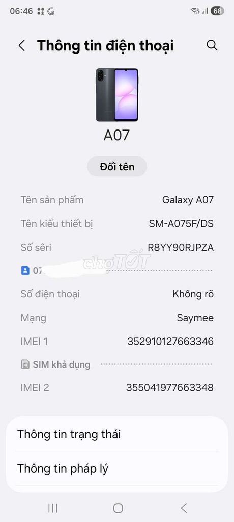 Samsung Galaxy A07 128GB 98%. Mua bán Điện thoại tại Huyện Gia Lâm Hà Nội được đăng bởi Đỗ Thị Phin hình 1