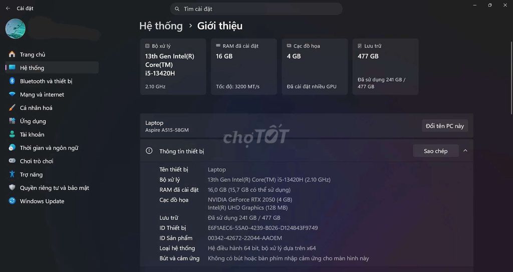 Acer Aspire A515-58GM i5-13420H Ram 16GB RTX 2050. Mua bán Laptop tại Huyện Tân Yên Bắc Giang được đăng bởi Lê Hoàng Anh  hình 1