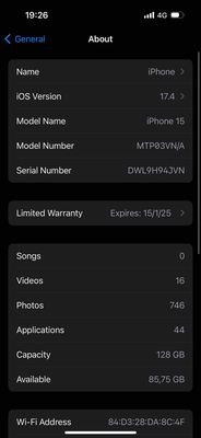 Iphone 15 VNA - 128GB - đen (black) BH 15/01/2025