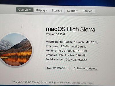 Macbook pro retina 2014 15in MGXC8 i7 2.5g 16g 256