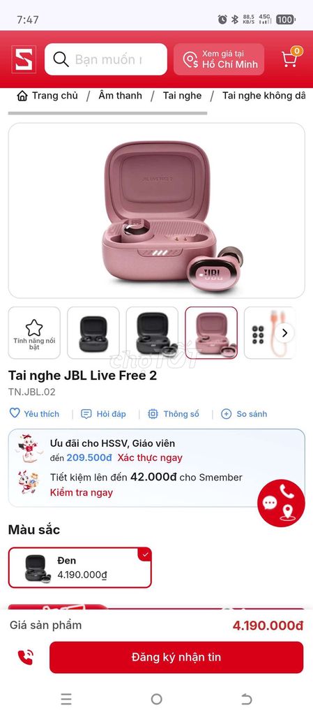 Tai nghe không dây JBL Live Free 2 Hồng Chống ồn. Mua bán Tivi, Âm thanh tại Thành phố Thủ Dầu Một Bình Dương được đăng bởi Lê minh toán hình 1