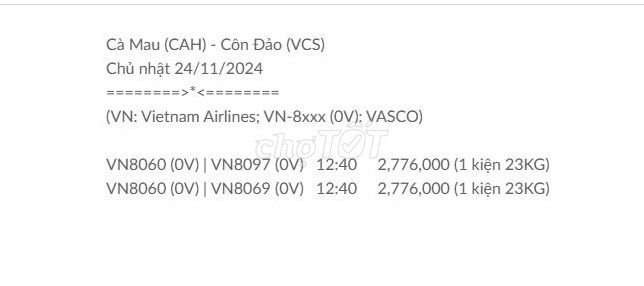 Cà Mau (CAH) - Côn Đảo (VCS) Chủ nhật 24/11/2024