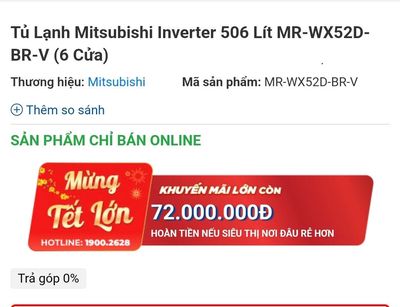 Bán tủ lạnh cao cấp Mitsubishi mới, giá còn 60%