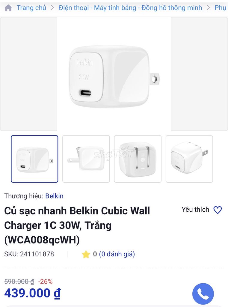 Củ sạc nhanh Belkin Cubic 30W Trắng Mới. Mua bán Phụ kiện (Màn hình, Chuột...) tại Quận 1 Tp Hồ Chí Minh được đăng bởi Jayo hình 1
