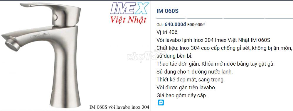 Vòi lavabo lạnh Inox 304 Imex Việt Nhật IM 060S