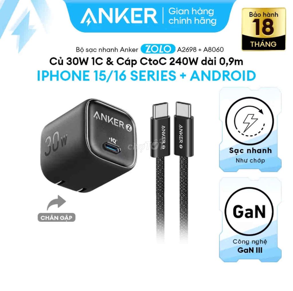 Combo củ Anker Zolo 30W đen + cáp CtoC đen 240W