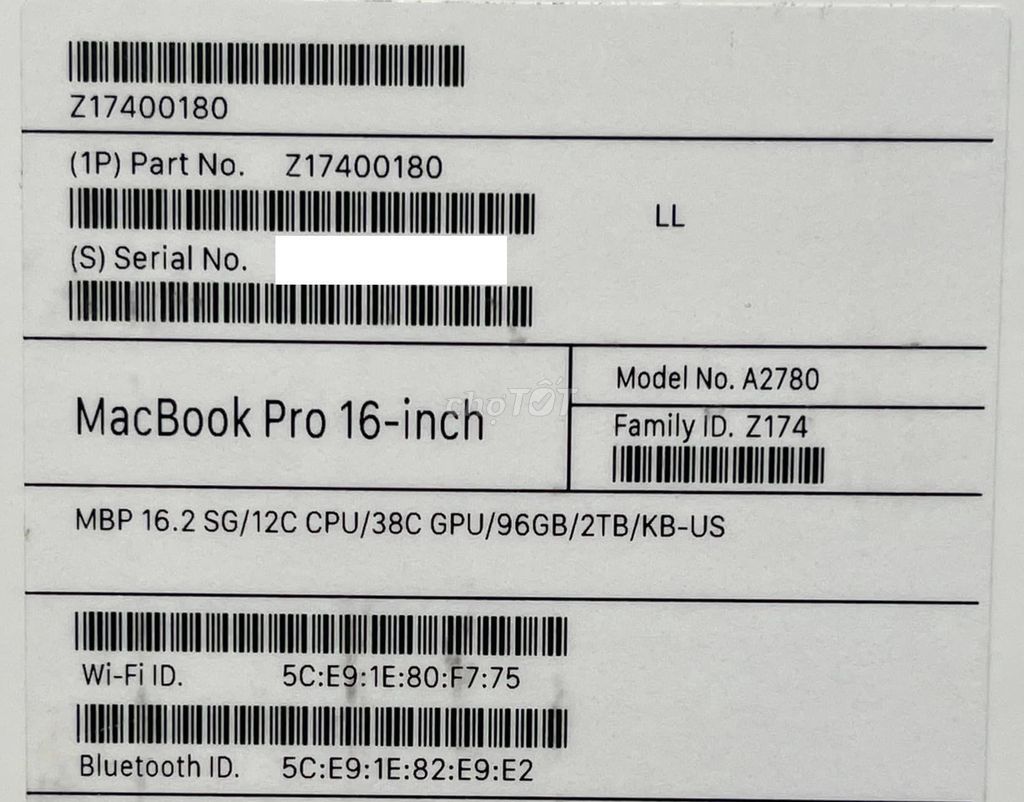 Macbook pro 16 inch M2 Max 38GPU/96G RAM/2TB new