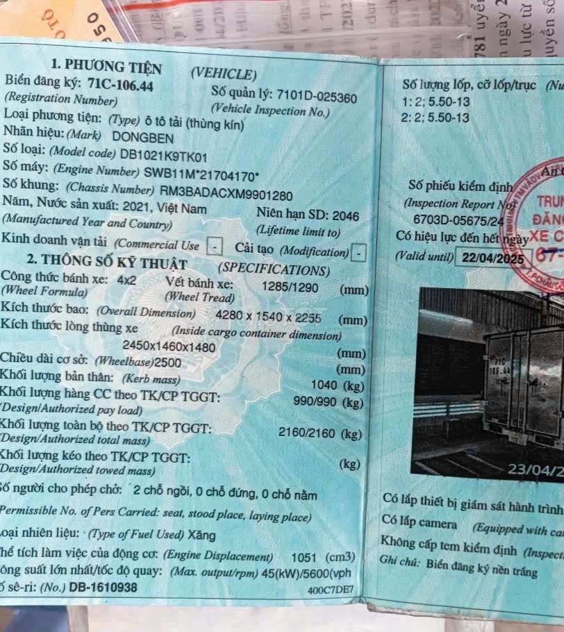 Bán gấp Đongben 990kg đời 2021 thùng kín 2m5. Mua bán Xe tải, xe ben tại Thành phố Thuận An Bình Dương được đăng bởi Hồ Xe Tải hình 6