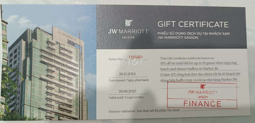 Voucher Buffets Giảm 15% Tại JW MARRIOTT SAI GON